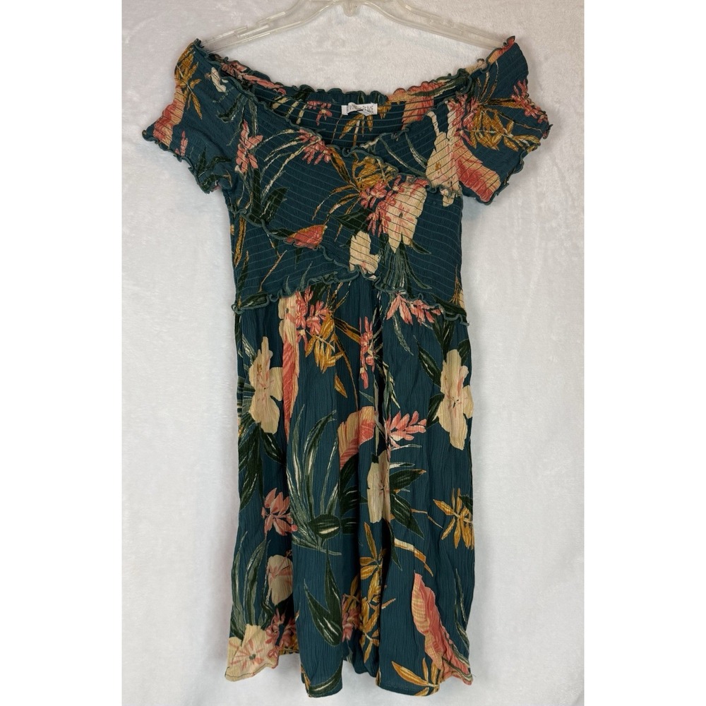 Patrons of Peace Floral Off Shoulder Dress M‎ Tropical Smocked Boho Teal